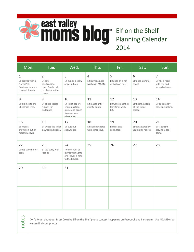 Elf on the Shelf Planning Calendar 2014