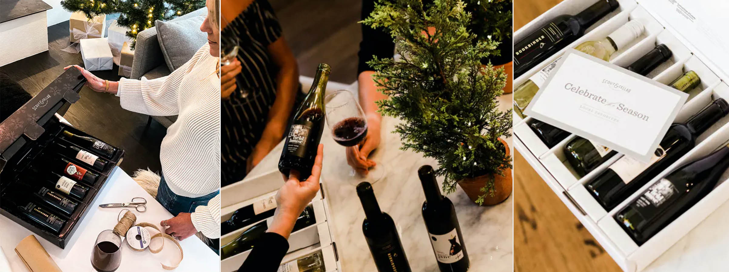 3 images showcasing Scout+Cellar wines at a Christmas Party. Cases with 4 bottles of various wines and people looking at said wine with red wine glasses full of wine.